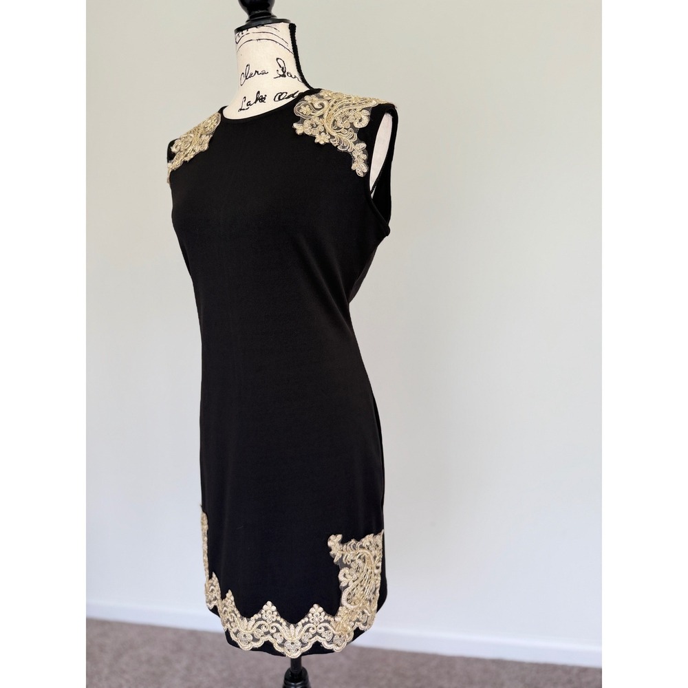 SHEIN Black Sheath Dress Gold Lace Applique Sleeveless Cocktail Dark Academia - Picture 12 of 14